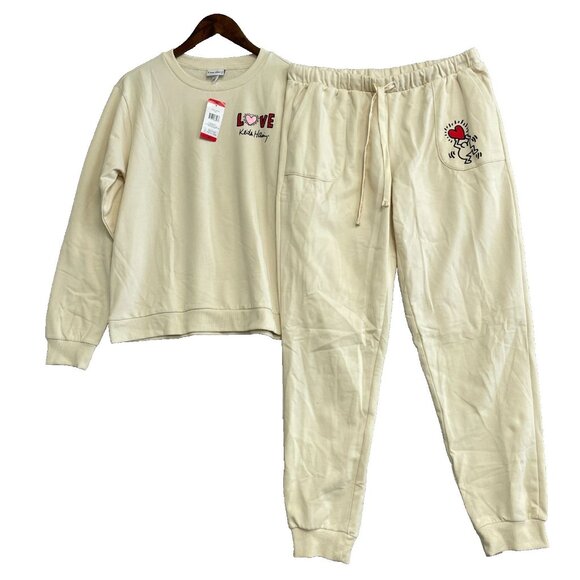 NEW Keith Haring Women's M Love Sweatshirt & Jogger Lounge Set Beige - Picture 4 of 9